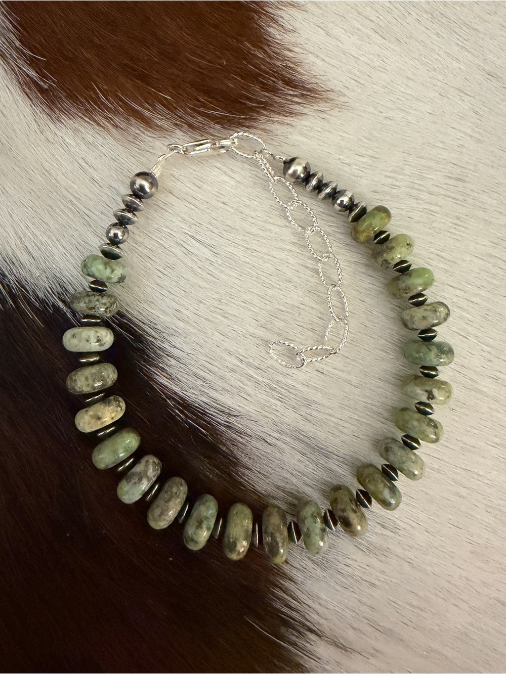 ❤️ 925 Desert Pearls & Saucers Cerrillos Green Turquoise Bracelet Unisex 7+2”L - Picture 13 of 13